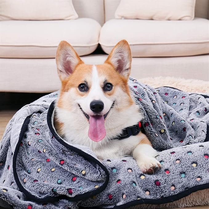 Dog Blanket with Colorful Dots Warm Soft Fuzzy Pets Blankets Small Medium Large Dogs Cats Reversible Pet Blanket Washable Couch Bed Protector Cover, Grey, 16" x 24"