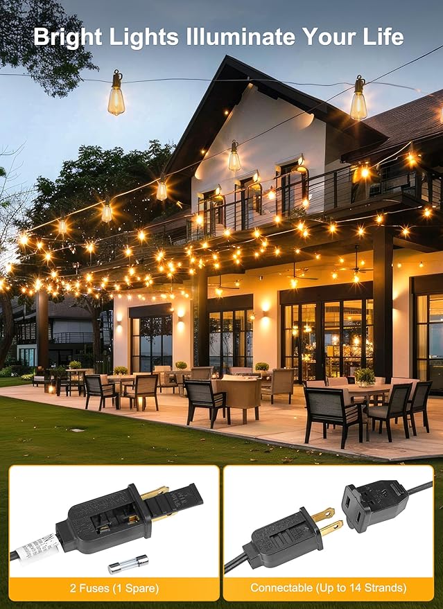Brightown 100-foot outdoor LED light garland with 52 adjustable vintage Edison shatterproof ST38 bulbs, waterproof outdoor pendant lights for backyard, terrace, garden,