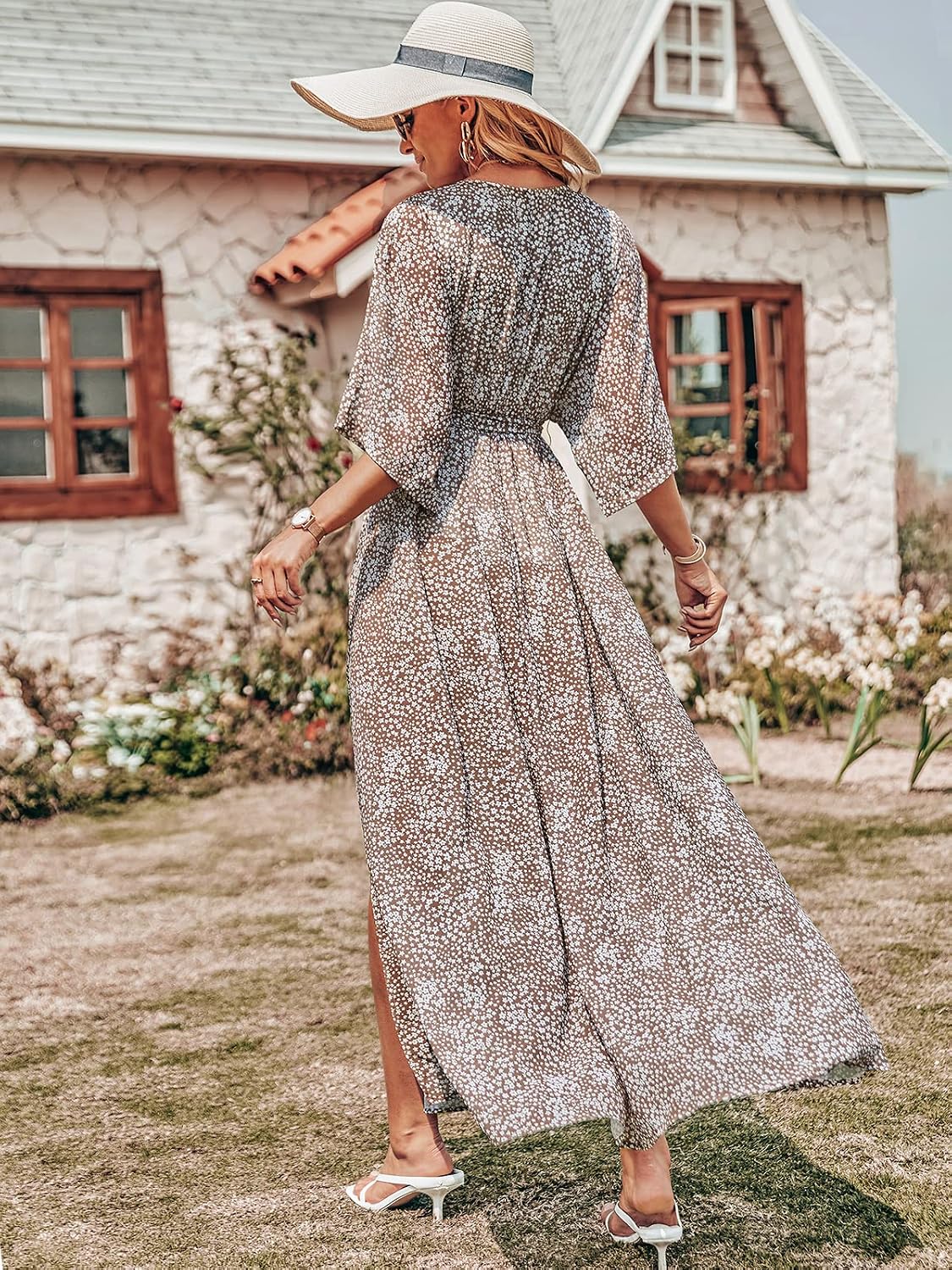 ANRABESS Womens 1/2 Sleeve Beach Wedding Guest Maxi Dresses 2026 Summer Wrap V Neck Boho Floral Flowy Slit Long Dresses.