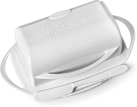Butterie Flip-Top Butter Dish with Lid Matching Knife, Holds 2 SticksKerrygold Butter, No-Mess Butter Holder, Shatterproof, Dishwasher Safe, White