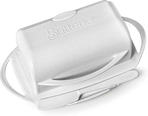 Butterie Flip-Top Butter Dish with Lid & Matching Knife, Holds 2 Sticks/Kerrygold Butter, No-Mess Butter Holder, Shatterproof, Dishwasher Safe, White