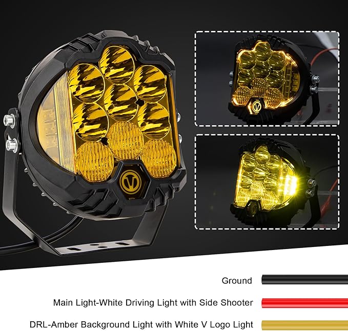 PSLER 7 Inch Amber Round LED Offroad Light - 35W 8000LM Spot Flood Combo, IP67 Waterproof Driving Light Bar with DRL for Wrangler Pickup SUV ATV UTV Golf Cart Trucks 4x4, F150-1 Pack