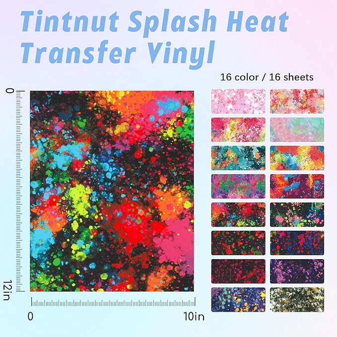 Tintnut Splash Heat Transfer Vinyl - 16 Sheets 10x12 Inch HTV Ink Watercolor Iron On Vinyl for T-Shirts Hats Clothes,for Cricut Silhouette Cameo