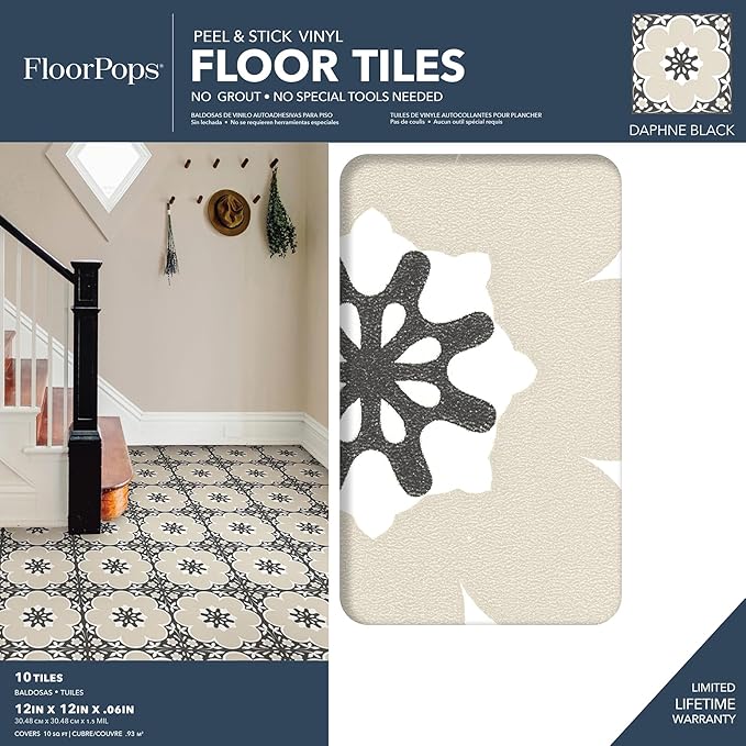 FloorPops 12-in by 12-in Black Daphne Vinyl Peel Stick Floor Tiles (10 Tiles), (10 sq.ft.Carton)