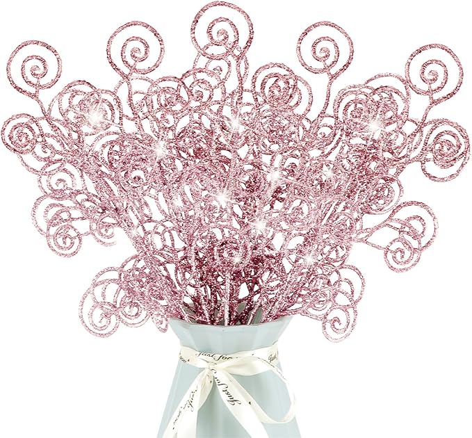 24 Pieces Glitter Christmas Picks Ornaments 10 Inches Decorative Sticks Candy Picks Curly Sprays Twigs for Christmas Tree Branches Vase Fillers Crafts Wreath Garland Party Wedding Holiday (24, Pink)