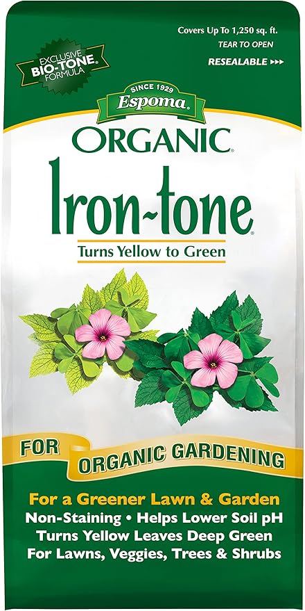 Espoma Organic Iron-Tone 3-0-3 Organic Fertilizer and Plant Food to Help Correct Iron Deficiency (Chlorosis). 5 lb. Bag. Turns Yellow to Green, Non Staining Iron