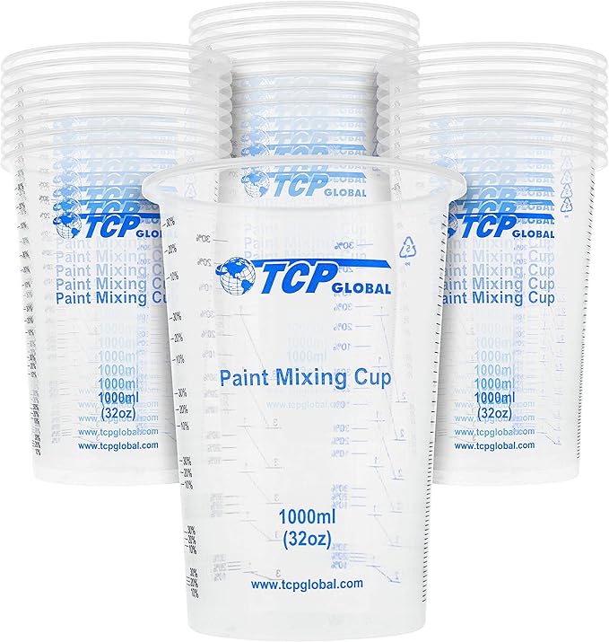 TCP Global 32 Ounce (1000ml) Disposable Flexible Clear Graduated Plastic Mixing Cups - Box of 25 Cups - Use for Paint, Resin, Epoxy, Art, Kitchen, Cooking, Baking - Measuring Ratios 2-1, 3-1, 4-1, ML
