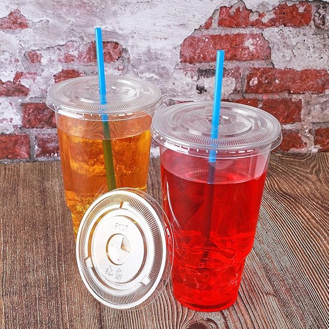 Disposable 32 oz clear Plastic Cups with Flat Lids with x hole,50 sets