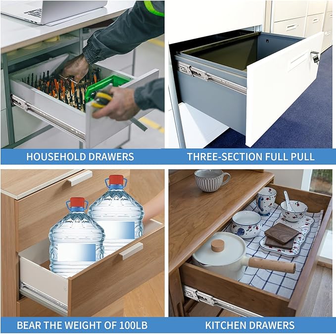 10 inch Drawer Slides 1 Pairs (2pcs) Soft Self Close Full Extension Ball Bearing Drawer Rails Side Mount Metal Dresser Runners for File Cabinet Trash Can Kitchen Wardrobe Glides 10" 100 LB Capacity