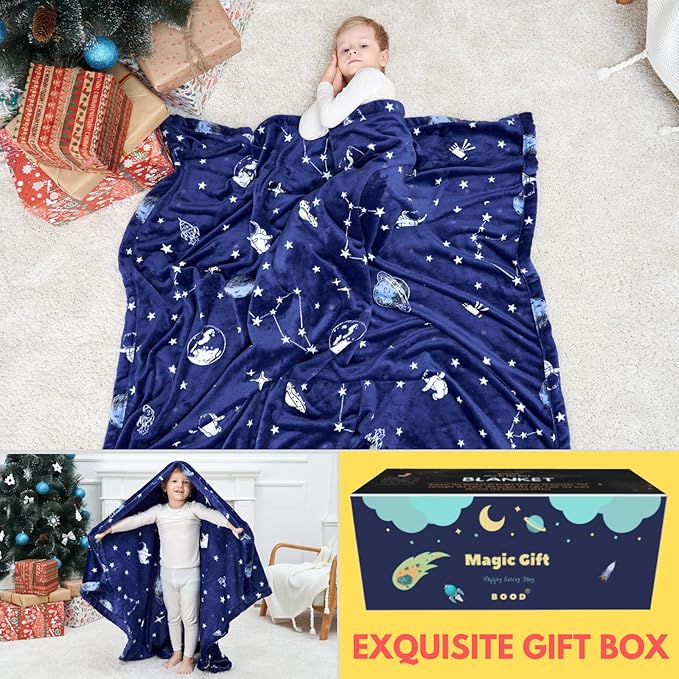 Bood Glow in The Dark Blanket, Navy Space Blanket for Boys, Christmas Personalized Gifts for Kids,Boys Blankets and Space Fleece Blanket Throws,Soft Plush Throw Blankets for Boy