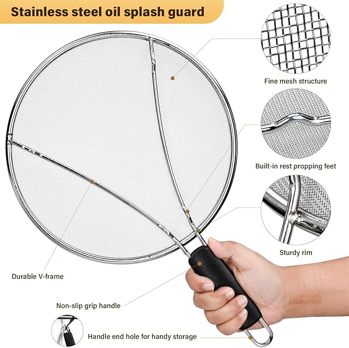 Splatter Screen for Frying Pan 13" 11.5" 9.8" Stainless Steel Fine Mesh Grease Splatter Guard with Comfort Silicone Handles and Resting Feet for Prevent Oil Splatter Safe Cooking
