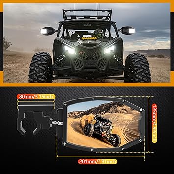UTV LED Side Mirrors with Lights Aluminum Fits 1.75"-2 Inch Roll Bar Cage, Side Rear View Mirrors with LED Spot Light Compatible with UTV ATV Can am Maverick X3 Polaris RZR XP 1000 Yamaha