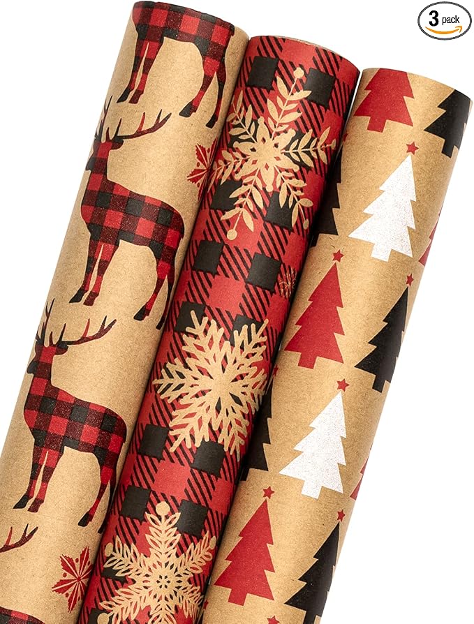 MAYPLUSS Kraft Christmas Wrapping Paper Roll - Mini Roll - 17 inch X 120 inch Per roll - 3 Different Red Reindeer Snowflakes Design (42.3 sq.ft.ttl)