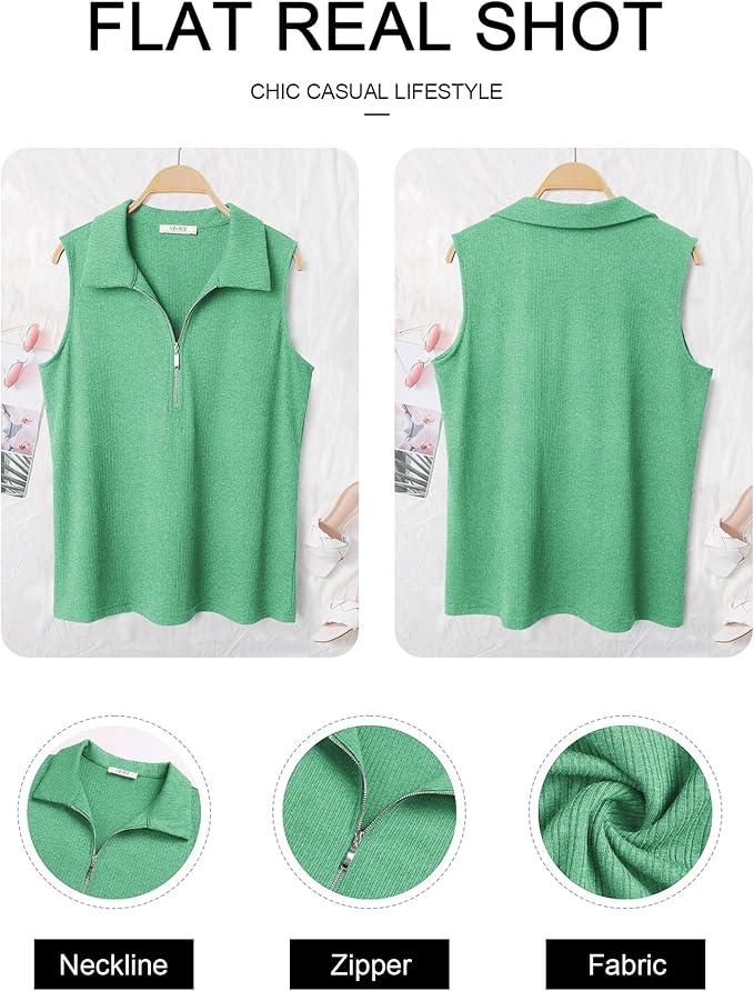 Vivilli Womens Ribbed Tank Top Zipper V Neck Dressy Casual Blouses Sleeveless Camisole Tops Work Tank Polo Shirts