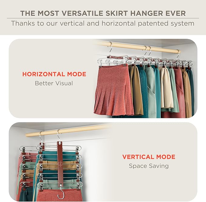 MORALVE Skirt Hangers Space Saving with Clips - 2 Pack - European Beechwood 5-Tier Hanger for Shorts, Skirts, and Pants - Closet Organizer and Storage Solution for Women with 360 Swivel Hook