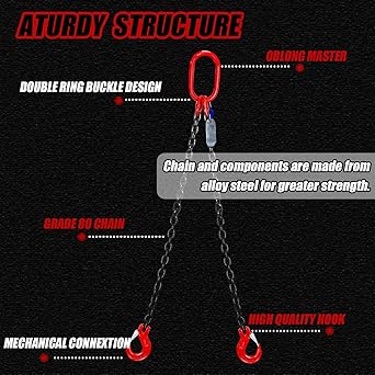 Chain Sling 516'' x 5 Ft Double Leg with Grab Hooks Chain Slings for Lifting 3 Ton Capacity G80 Mn-Steel Chain Sling with Standard Marking for Cargo Security Towing and handling