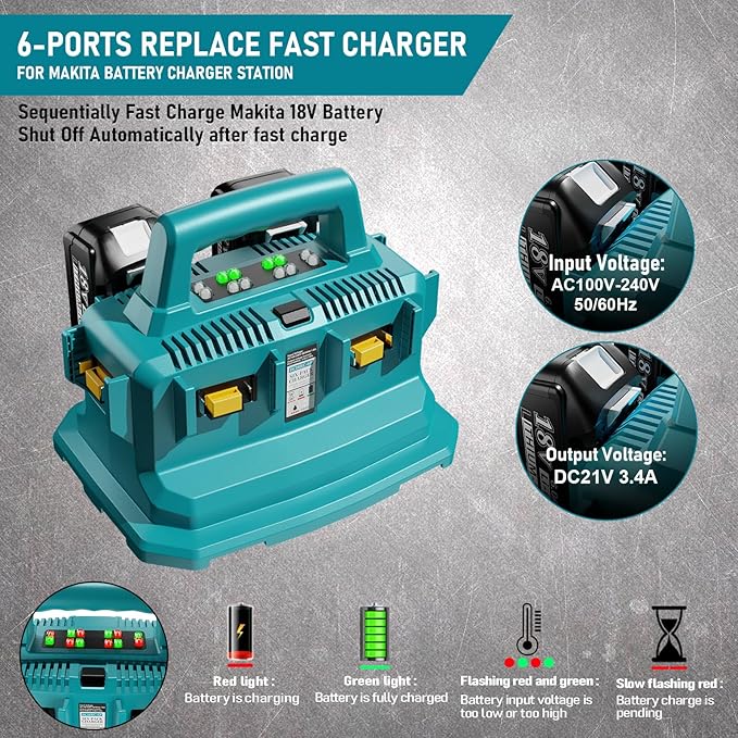 6-Ports Replacement Battery Charger for Makita 18v Battery Charger DC18RC DC18RD, Sequential Charger Compatible with Makita 18v Battery BL1815 BL1830 BL1840 BL1845 BL1850 BL1860