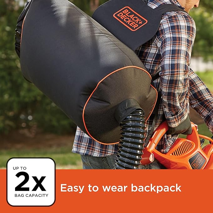 BLACK+DECKER Electric Leaf Blower, Leaf Vacuum and Mulcher 3 in 1, Backpack Blowers for Lawn Care,250 mph Airflow, 400 cfm Delivery Power, Reusable Bag Included, Corded (BEBL7000)