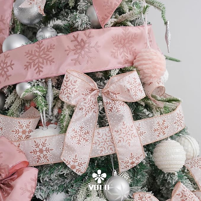 MEEDEE Snowflake Ribbon with Rose Gold Glitter - Wired, 2.5 Inch, Pink Rose Gold Christmas Ribbon for Tree, Garlands, Wreaths, Gift Wrapping (10 Yards)