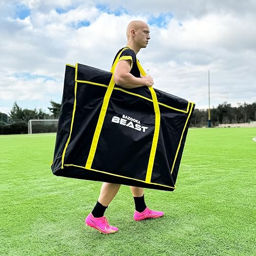 Bazookagoal Soccer Equipment Carry Bag - Durable Black Fabric with Yellow Zipper - For Coaches and Soccer Training Sessions