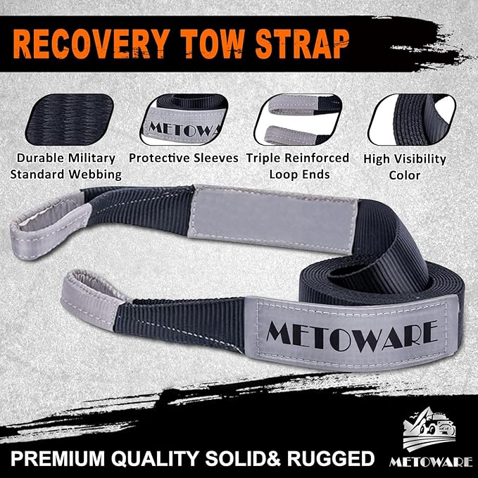 METOWARE Tow Strap Recovery Kit, 3" x 20ft (35,000lbs) Capacity Recovery Strap, 3/4" D Ring Shackles(2pcs) + 2" Shackle Hitch Receiver + 5/8" Hitch Lock + Storage Bag, Emergency Off Road Towing Rope