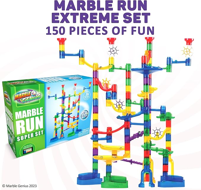 Marble Genius Marble Run - 150 Complete Pieces Maze Track Toys for Adults, Teens, Toddlers Kids Aged 4-8 Years Old, (85 Translucent Marbulous Pieces 65 Glass-Marble Set), Super Set