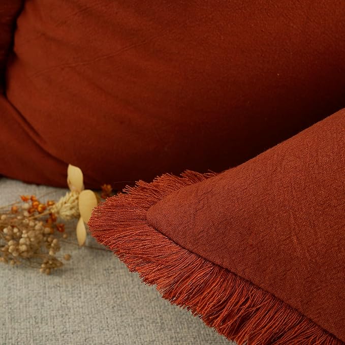 YOUR SMILE Throw Pillow Cases Pack of 2 Cotton Fringe Edges Dyed Soft Chenille Cushion Covers for Couch Sofa Home Farmhouse Decoration 12 x 20 inchOoaRust Orange