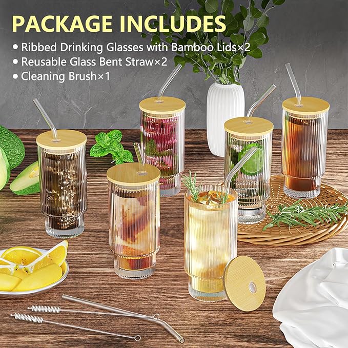 16OZ Glass Cups with Lids and Straws, Vintage Ribbed Glassware for Whiskey Cocktail Beer, Iced Coffee Cups with Lid, Glass Tumbler with Straw and Lid (2 PACK)