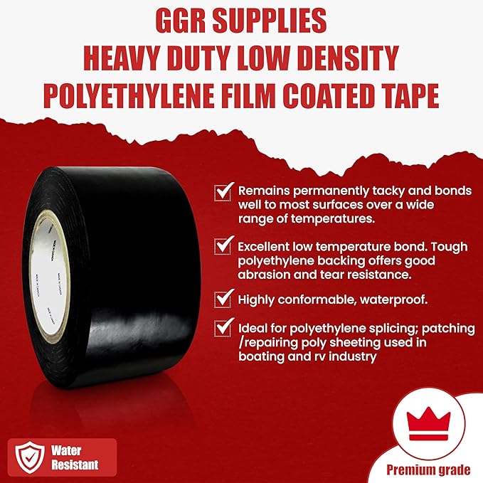 GGR Supplies T.R.U. LDPE Heavy-Duty Greenhouse Polyethylene Repair Weatherseal Film Tape. Long Term UV Exposure Ideal for Sealing and Seaming. (Black, 3" X 36 Yards)