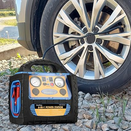6-in-1 1800Amp Jump Starter with Air Compressor, 12V Car Battery Jumper 260PSI Tire Inflator, Portable Power Station 110V 400W Power Inverter USB DC AC Outlet, Auto Battery Booster Cables