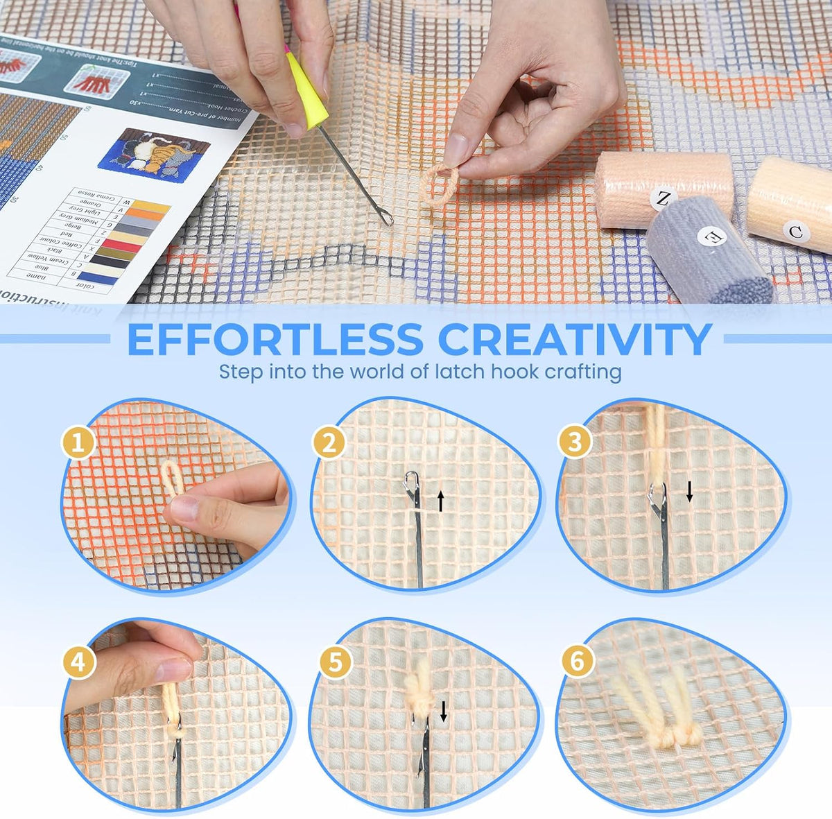 Latch Hook Rug Kit DIY Crochet Carpet for Beginners, Cats Patterns Pre-Printed Canvas Yarn Rug Hooking Kits, Creative Craft Home Decor Ideal for Learning Rug Making, Blue