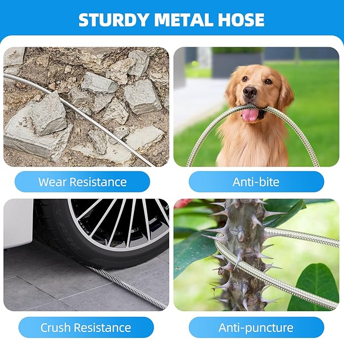 Metal Garden Water Hose 50 FT, Flexible and Lightweight, Heavy Duty Stainless Steel Pipe with Brass Fittings for Reel, Yard, Outdoor, Boat