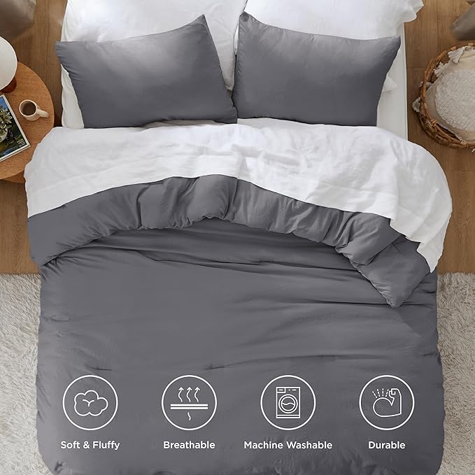 Bedsure Queen Size Comforter Set, Dark Grey Soft Prewashed Bedding for All Seasons, 3 Pieces GentleSoftN Warm Down Alternative Bed Set, 1 Lightweight Comforter (90"x90") and 2 Pillowcases (20"x26")