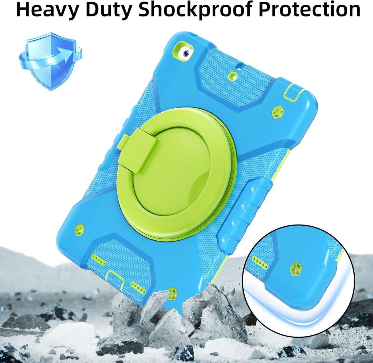 Case for iPad 6th/5th Generation 9.7 inch 2018/2017 Case, iPad Air 2/Pro 9.7 inch Heavy Duty Protective Cover with 360° Rotate Handle Stand, Pencil Holder, Shoulder Strap (Blue+Green)