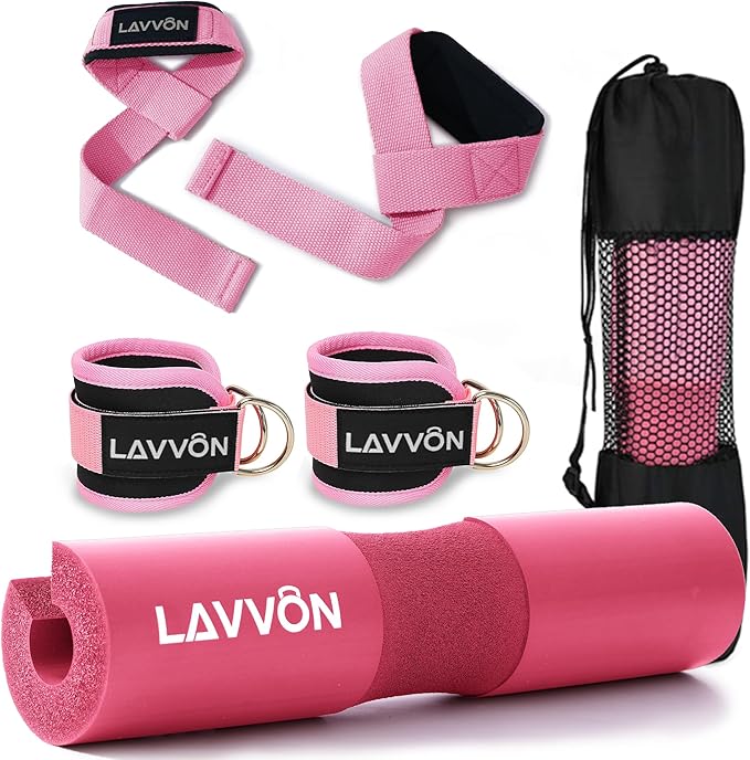 Squat Pad Set - Foam Barbell Pad for Squats Cushion, Lunges Bar Padding for Hip Thrusts - Standard Weight Bar Pad - With Ankle Straps, Wrist Straps for Weightlifting