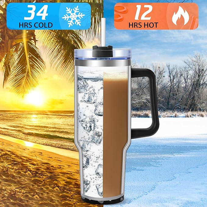 40 oz Tumbler with Handle Stainless Steel Insulated Travel Mug Iced Coffee Cup with Lids and Straw Keeps Drinks Cold for 34 Hours Dishwasher Safe, BPA Free(Leopard Black)