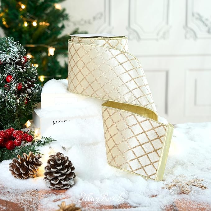 MAYREEL 4 Inch Ivory and Gold Velvet Wired Ribbon Metallic Diamond Glitter Grid for Christmas Gift Wrapping Floral Craft Bows Wreaths Garland Wedding Holiday Decor 10 Yards