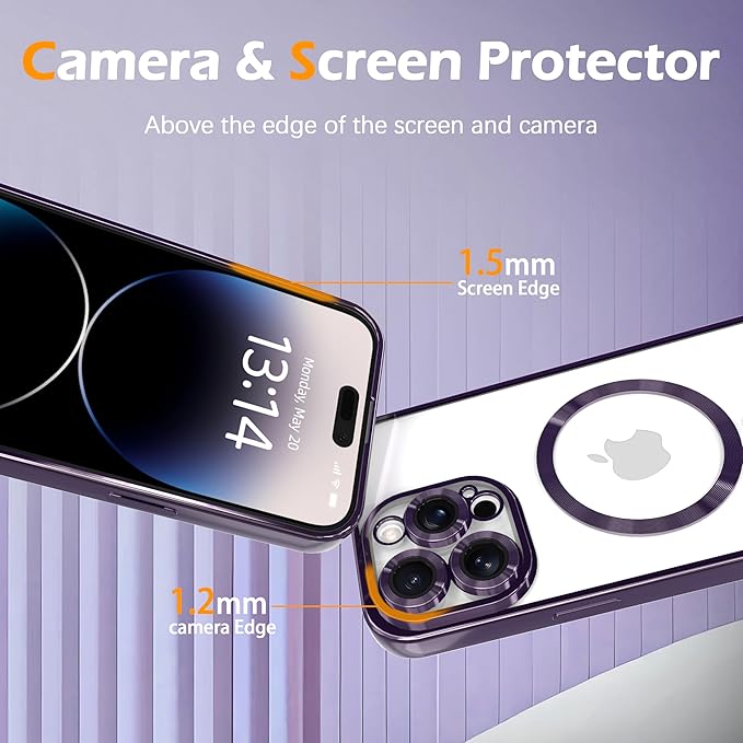 Magnetic Clear Case for iPhone 14 Plus with Full Camera Lens Protection,Compatible with MagSafe,Plating Soft TPU Phone Case,Anti-Scratch Shockproof Slim Cover for Women Gilrs Men - Purple