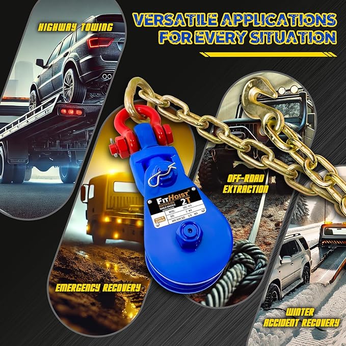 2 Ton Snatch Block with G80 Chain | 3'' Sheave for 3/8" Inch Wire Rope | Pulley Block with Shackle for Heavy Duty Towing and Recovery Equipment | Tow Truck Rollback Wrecker Car Hauler Winch