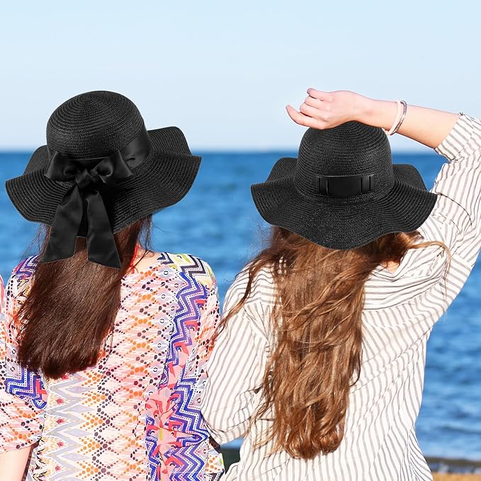 GNEGNI Straw Sun Hats for Women, Wide Brim Summer Beach Hat with Detachable Silk Tie, Foldable Floppy Hat - UV Sun Protection