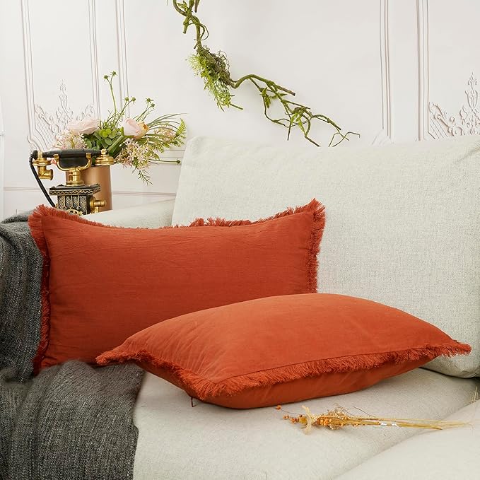 YOUR SMILE Throw Pillow Cases Pack of 2 Cotton Fringe Edges Dyed Soft Chenille Cushion Covers for Couch Sofa Home Farmhouse Decoration 12 x 20 inchOoaRust Orange