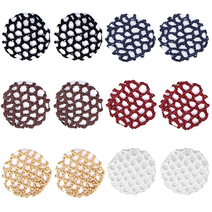 12 Pcs Bun Cover Crochet Bun Cover for Hair Stretchy Hair Bun Covers for Women 6 Colors Edge Mesh Hair Bun Cover for Dancer Skater Bank Clerk