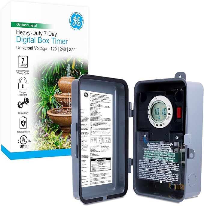 GE 7-Day Digital Pool Timer Switch, 2HP 40A Load Capacity Pool Pump Timer, Outdoor NEMA 3R-Rated Box Timer, Universal Voltage Pool Timer Replacement, Water Heater Timer, Tamper Resistant Metal, 46537