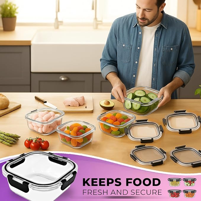 3 Set Glass Food Storage Containers Bowls with Airtight Snap Locking Lids for Meal Prep Leftovers Baking Lunch Boxes Dish (Black, 17oz Square)