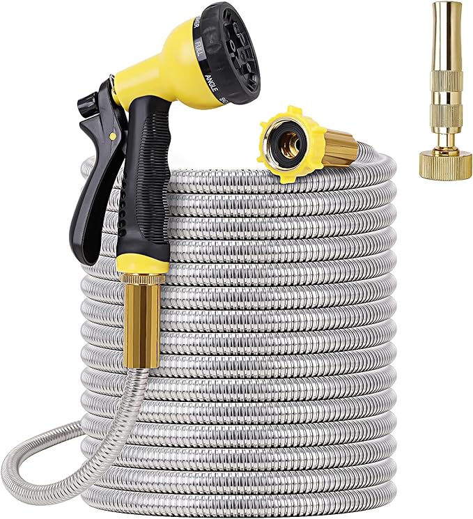 FOXEASE Metal Garden Hose 50FT - Stainless Steel Heavy Duty Water Hose with Metal Nozzle & 8 Function Sprayer, Portable & Lightweight Kink Free Yard Hose, Outdoor Hose