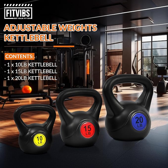 Wide Grip 3-Piece or 4-Piece Kettlebell Exercise Fitness Weight Set, Include 5 lbs, 10 lbs, 15 lbs and 20 lbs, Set of 3 or Set of 4