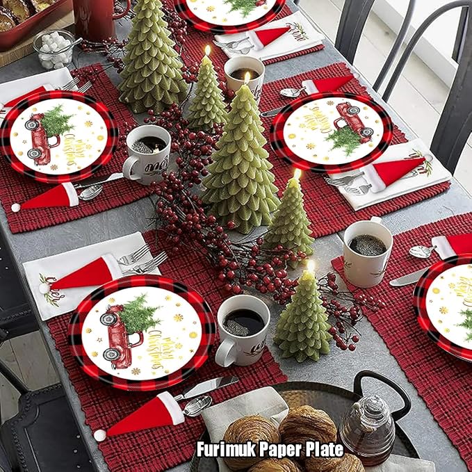 Furimuk Christmas Paper Plates Rustic Truck Red Black Plaid Border Printed Round Disposable Plates Dinnerware for Christmas Holiday Dinner Birthday Party Supplies (24 Pcs)