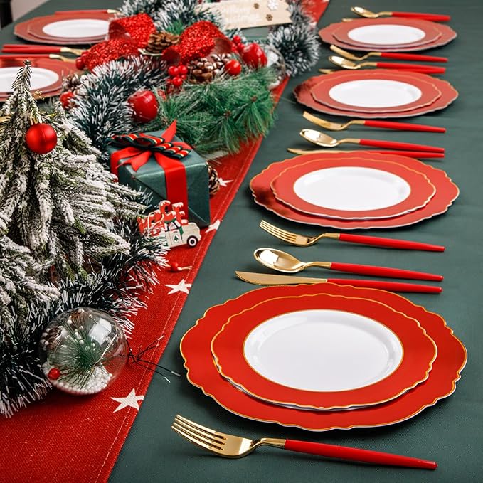 WDF 60pcs Plastic Red Plates Disposable - 7.5inch Red Dessert/Salad Plates Heavy Duty Plates for Christmas Party