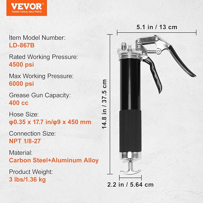 VEVOR Grease Gun, 6000 PSI Heavy Duty Pistol Grip Grease Gun, Grease Gun Kit with 14 oz Load, 17.72 Inch Flexible Hose, 1 Flat Couplers, 1 Pointed Coupler, and 1 Bent Metal Pipe