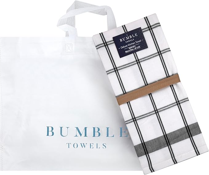 Premium Kitchen Towels (20x 28, 6 Pack) Large Cotton Hand Towels Flat Terry Dish Towels Highly Absorbent Tea Towels Set with Hanging Loop Black Check